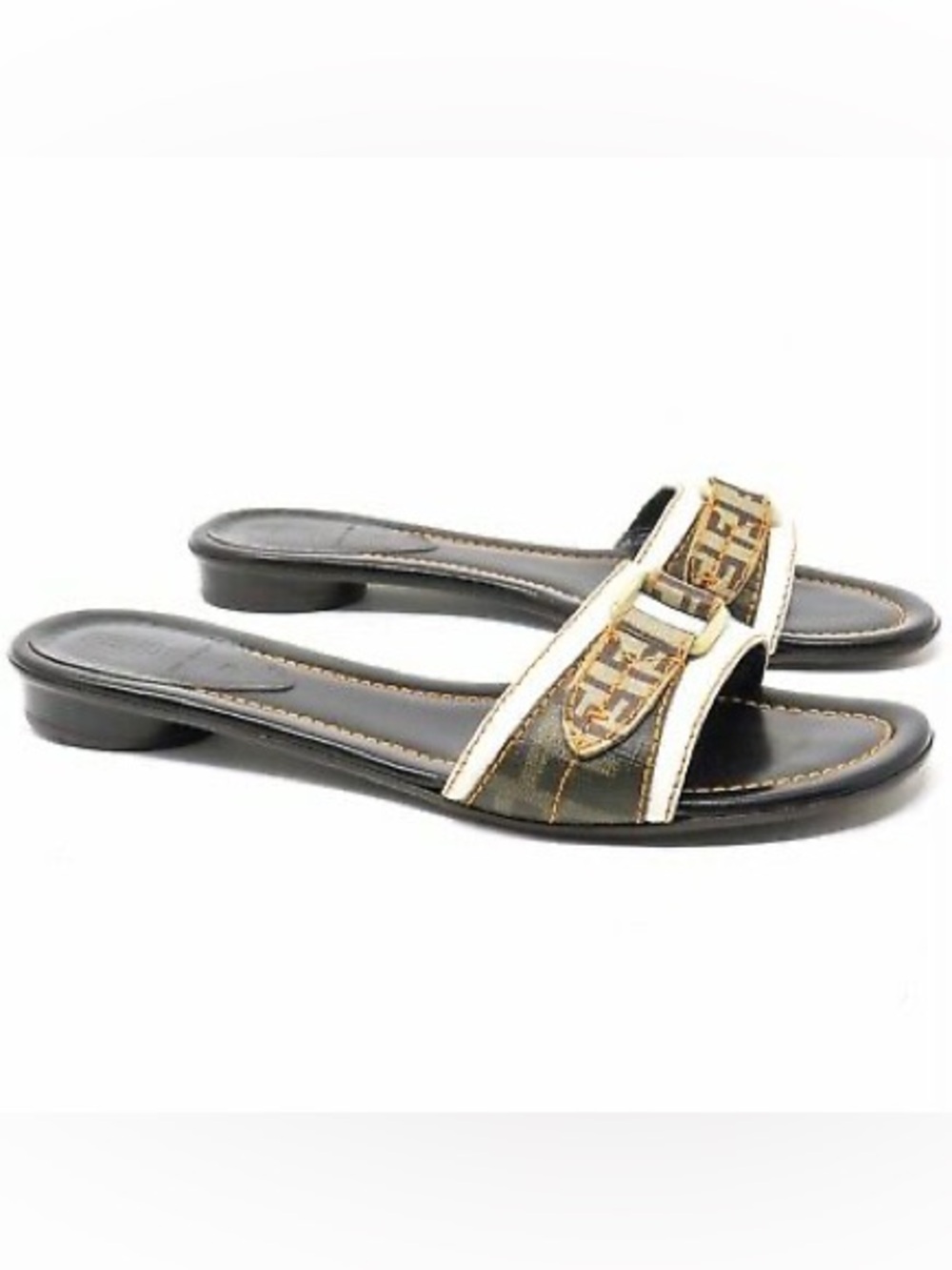 Fendi Zucca FF Flat Leather Sandals Cream Black & Brown US 7.5 EU 38